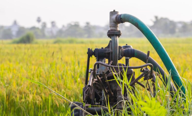Crude oil pump jack operating in an open field at sunset