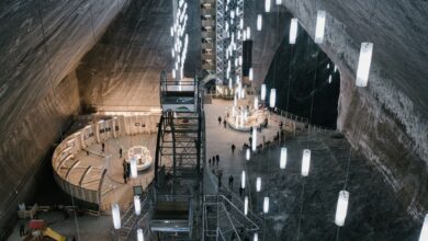 Interior of a large underground salt cavern showing geological formations