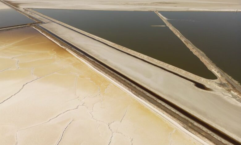 Aerial view of a vast salt flat landscape where lithium brine deposits are found