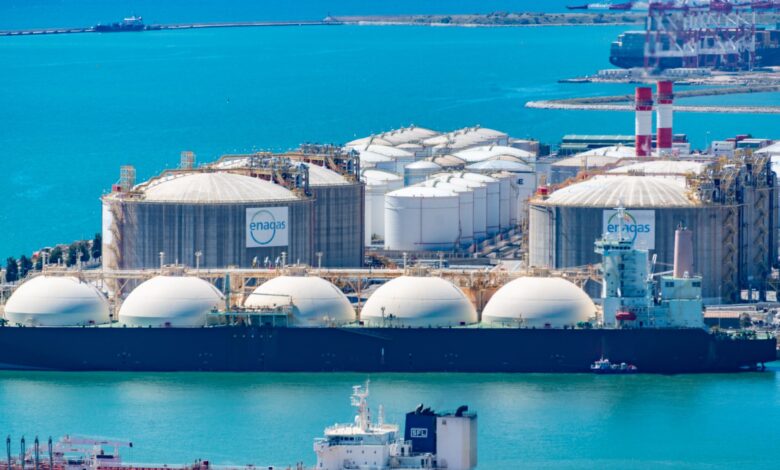 Large industrial fuel storage tanks at an ethanol terminal facility
