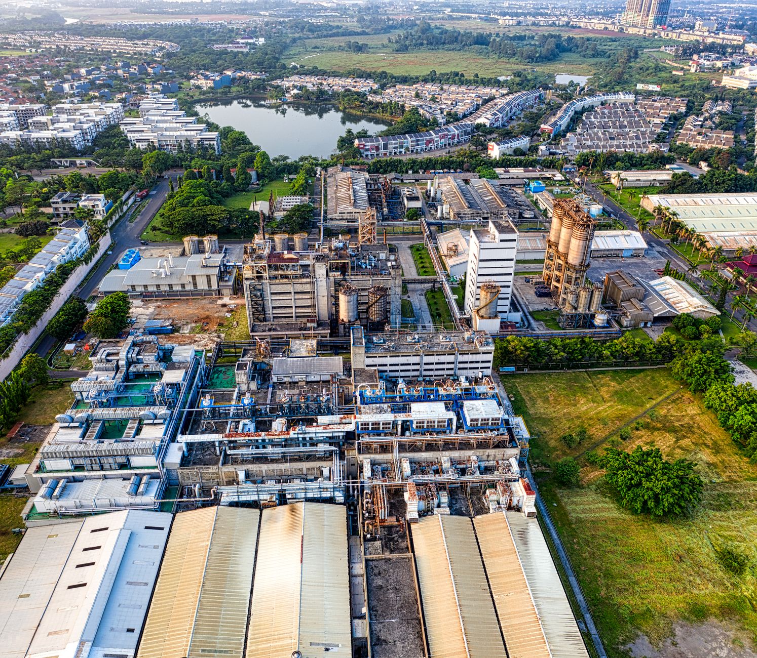Aerial view of a fuel distribution terminal with pipelines and storage