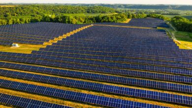 Aerial view of a large utility-scale solar farm on agricultural land