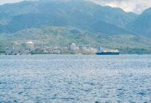 Large LNG regasification terminal with storage tanks at a coastal port