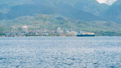 Large LNG regasification terminal with storage tanks at a coastal port